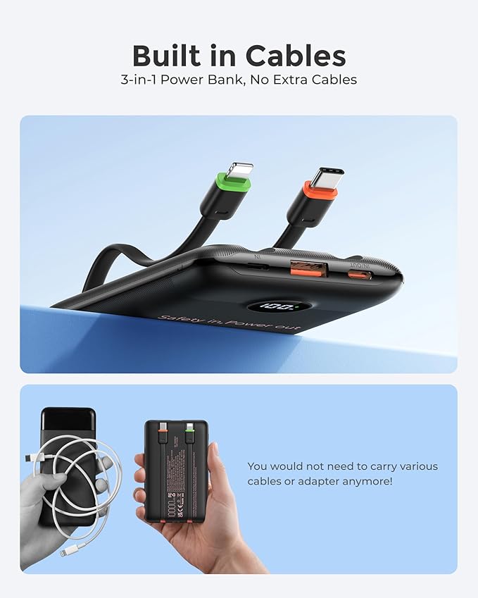 VEEKTOMX Portable Charger,10000mAh Power Bank with Built-in Cable and 22.5W Fast Charging,Travel Camping Essential,for iPhone 17/16/15/14,Samsung 25/24,and More