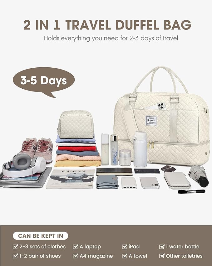 Weekender Bags for Women Travel Bag - Duffle Bag with Shoe Compartment Carry on Overnight Bag for Women Hospital Bags for Labor and Delivery 2Pcs Set Beige Brown