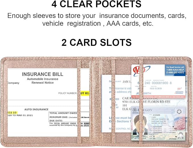 Cacturism Car Registration and Insurance Holder, Vehicle Glove Box Car Organizer Men Women Wallet Accessories Case for Cards, Essential Document, Driver License, Bling Rose Gold