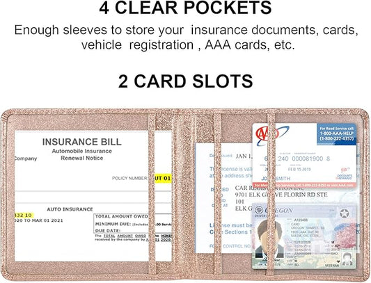 Cacturism Car Registration and Insurance Holder, Vehicle Glove Box Car Organizer Men Women Wallet Accessories Case for Cards, Essential Document, Driver License, Bling Rose Gold