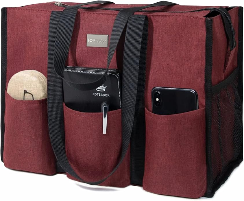 TOPDesign Utility Water Resistant Tote Bag with 13 Pockets, Top Zipper Closure & Thick Bottom Support, for Working Women