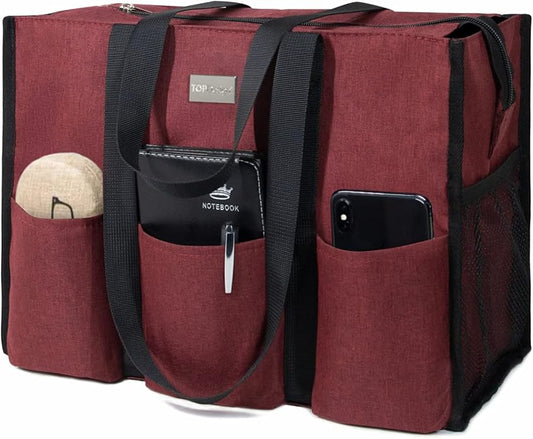 TOPDesign Utility Water Resistant Tote Bag with 13 Pockets, Top Zipper Closure & Thick Bottom Support, for Working Women