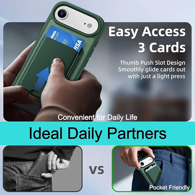 Ntwinro Magnetic for iPhone Air Case (Compatible with MagSafe) with Detachable Wallet & Card Holder for 3 Cards [RFID Blocking] Military Grade Protective Slim Phone Cover for 17 Air 2025, Green