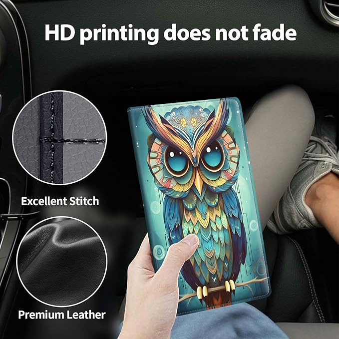 Car Registration & Insurance Holder, Leather Glove Box Organizer, Cool Accessories for ID, Driver's License Cards & Essential Documents, Business Cards, Men & Women, Fantasy Owl