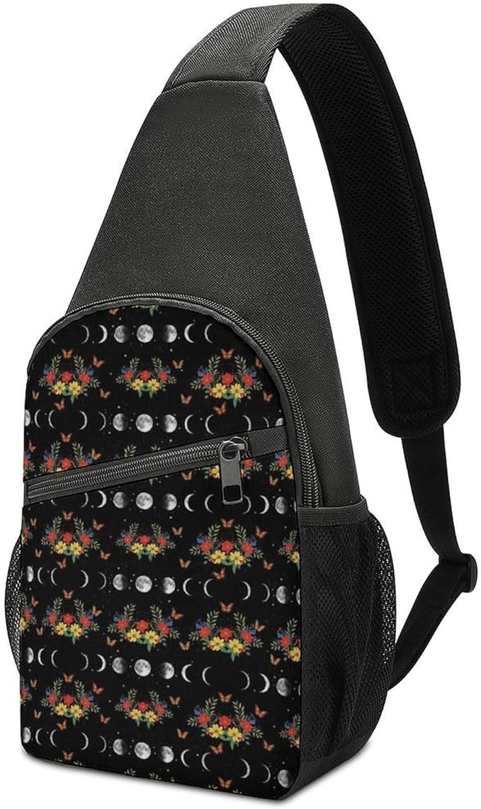 SWEET TANG Polyester Shoulder Sling Bag Multipurpose Casual Sport Daypack Unbalance Backpack with Small Pocket and Smooth Zipper, Moon Phase Floral
