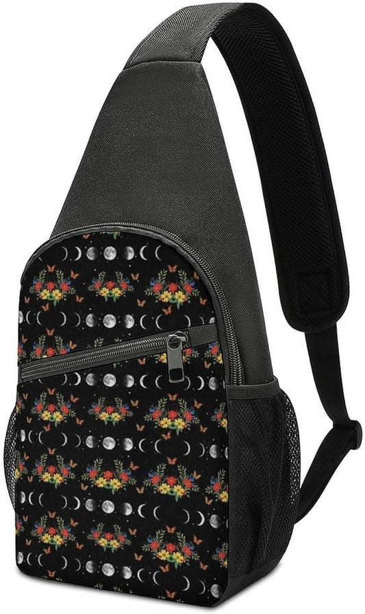 SWEET TANG Polyester Shoulder Sling Bag Multipurpose Casual Sport Daypack Unbalance Backpack with Small Pocket and Smooth Zipper, Moon Phase Floral
