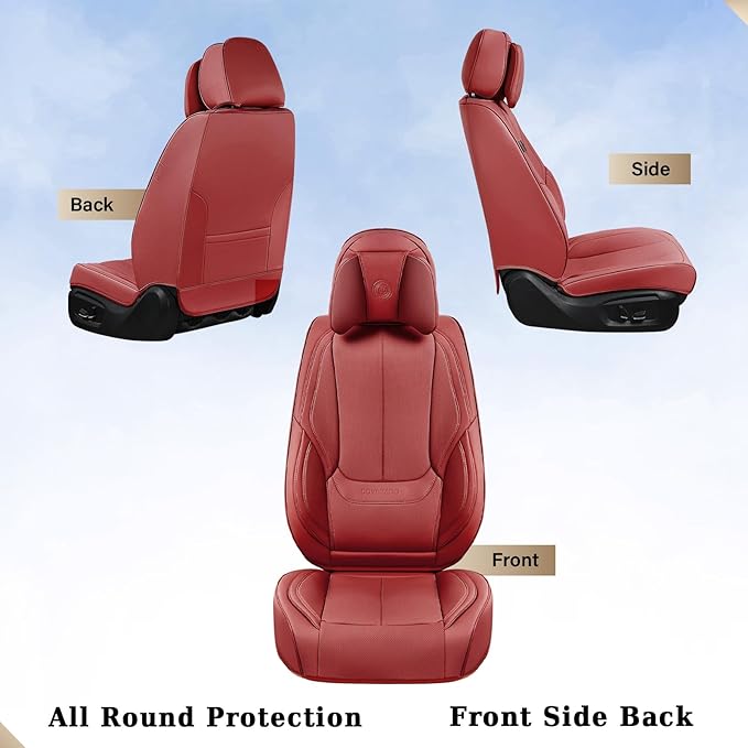 Coverado Universal Seat Covers Full Set, Universal Seat Covers for Cars, 5 Seats Waterproof Nappa Leather Car Seat Covers with Head Pillow, Auto Protectors Fit for Most Sedans SUV Pick-up Truck-Red
