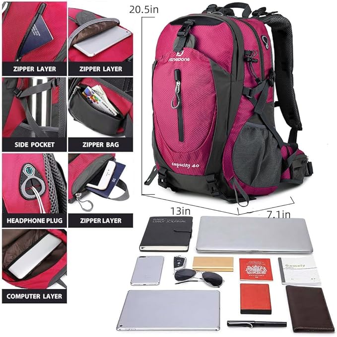 FENGDONG 40L Waterproof Lightweight Hiking,Camping,Travel Backpack for Men Women Red