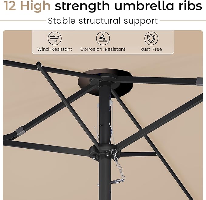 DomeShade 15ft Patio Umbrella with Base,Large Outdoor Double-Sided Rectangle Umbrella with Crank Handle, Market Umbrella for Poolside Garden Deck Backyard Beach Pools, Beige