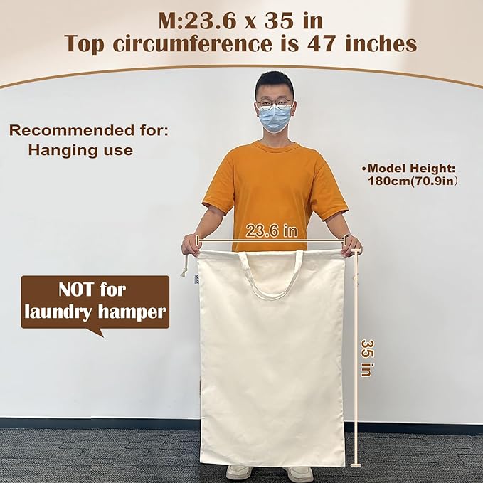 Canvas Laundry Bag with Handles & Drawstring 23.6"x35", Hanging Dirty Clothes Travel Bag, Heavy Duty Washable Laundry Sack (NOT Hamper Liner) - 2 Pack