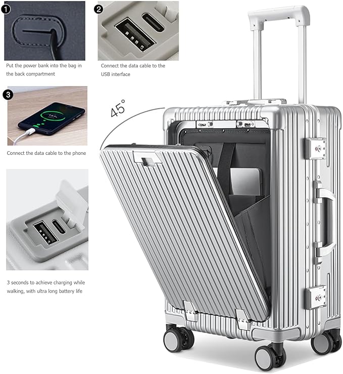 feilario 20in Aluminium Frame PC Hard Shell Spinner Wheels Luggage, Built-In TSA lock Carry on Suitcase, with Cup Holder, USB Port, Phone Holder
