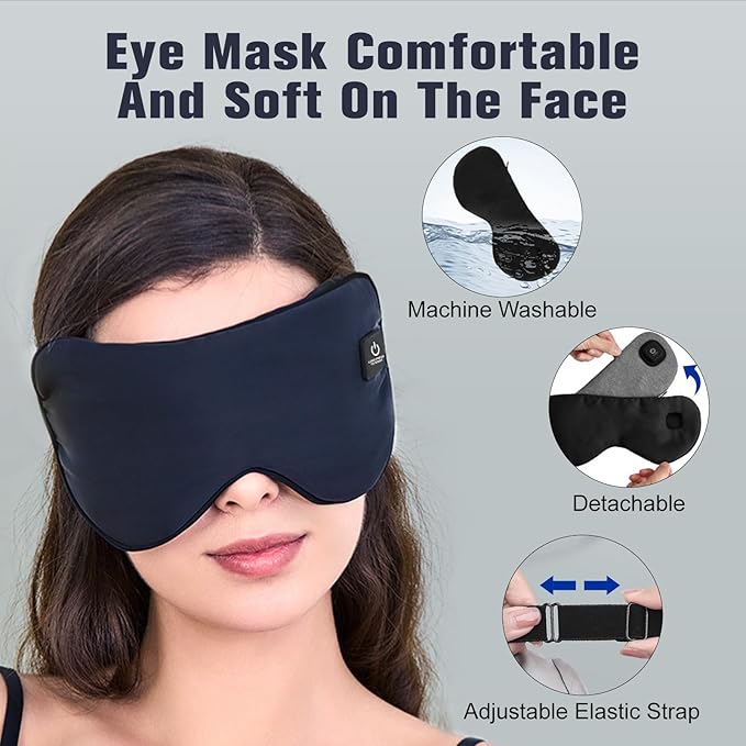Heated Eye Mask, Rechargeable Detachable Washable Faux Silk Electric Cordless Dry Eyes Warmer Compress Graphene Sleep Mask Travel Gifts for Men Women, 3 Heat Levels & Auto-Off, Dark Blue