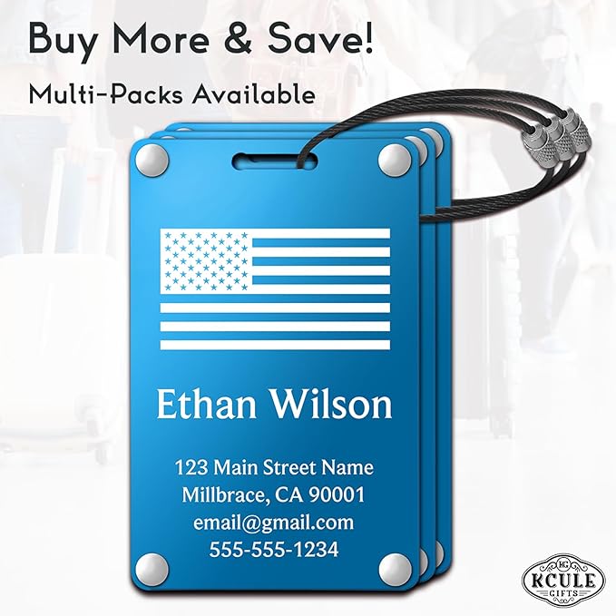Personalized Luggage Tags: Custom Metal Luggage Tags for Suitcases, Backpacks and Bags with Your Personalized Text (Blue)