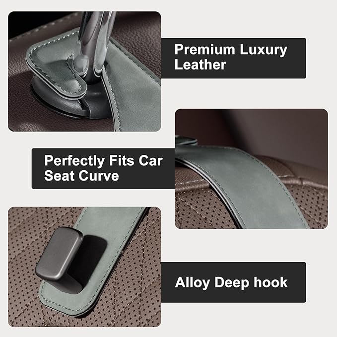 CoBak Headrest Hooks for Car - Universal Premium Stitched Leather and Aluminum-Magnesium Alloy Single Car Seat Back Storage Hook for Purses, Handbags, Bags (2 Pack),Gray