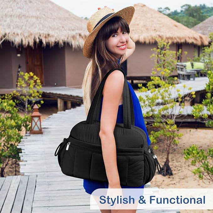 TOPDesign Travel Duffel Bag for Women, Puffer Gym Bag Sports Tote with Wet Pocket, Carry On Weekender with Luggage Sleeve (Black)