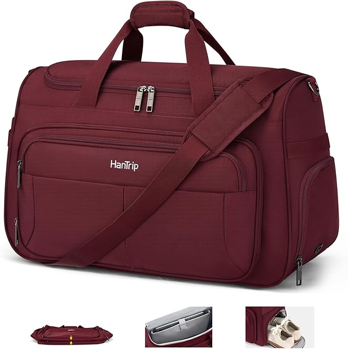 HanTrip Carry on Duffel Bag Foldable Duffle Bags for Travel, Large Personal Item Bags for Airplanes, Weekender Overnight Mens Travel Tote Bag for Women Softside Carry on Luggage (Burgundy)