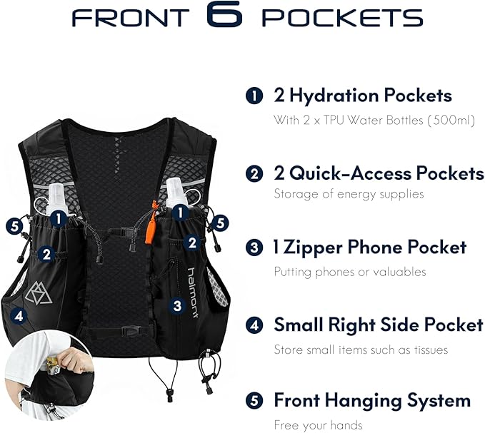 Haimont Running Hydration Vest with Water Bottles for Men Women, Lightweight 10L Hydrated Vest Pack for Trail Running, Hiking