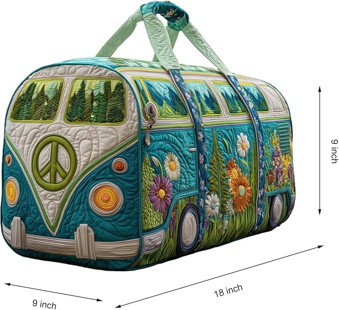 Hippie Journey Quilted Duffel Bag Hippie Van Travel Duffel Bag Vintage Floral Weekender Overnight Bags Women Gym Bags