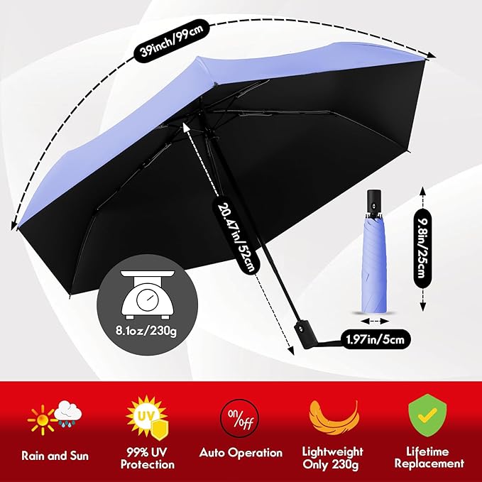 Auto Open Close Umbrella - Ultra Light Compact Travel & Backpack Size for Women and Men, UPF 50+ Eco-Friendly Sun Protection & Windproof Rain Umbrella with UV Defense