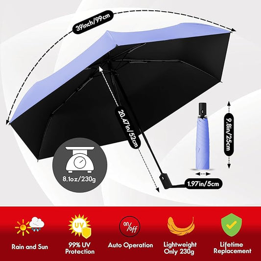 Auto Open Close Umbrella - Ultra Light Compact Travel & Backpack Size for Women and Men, UPF 50+ Eco-Friendly Sun Protection & Windproof Rain Umbrella with UV Defense