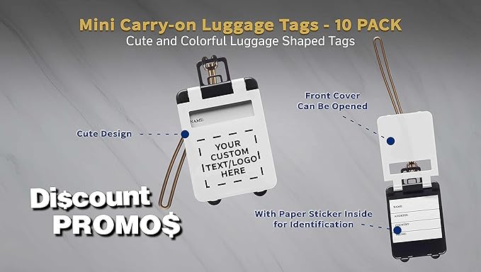10 Mini Carry-on Luggage Tags Pack - Customizable Text, Logo - Flip Open Cover, ID Sticker - White