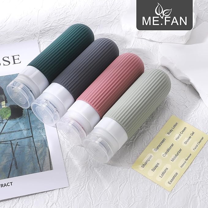 ME.FAN Travel Bottles for Toiletries, TSA Approved 3oz Silicone Journey Size Containers, Portable Split Bottle for Conditioner, Shampoo, Lotion- 4 Pack Morandi