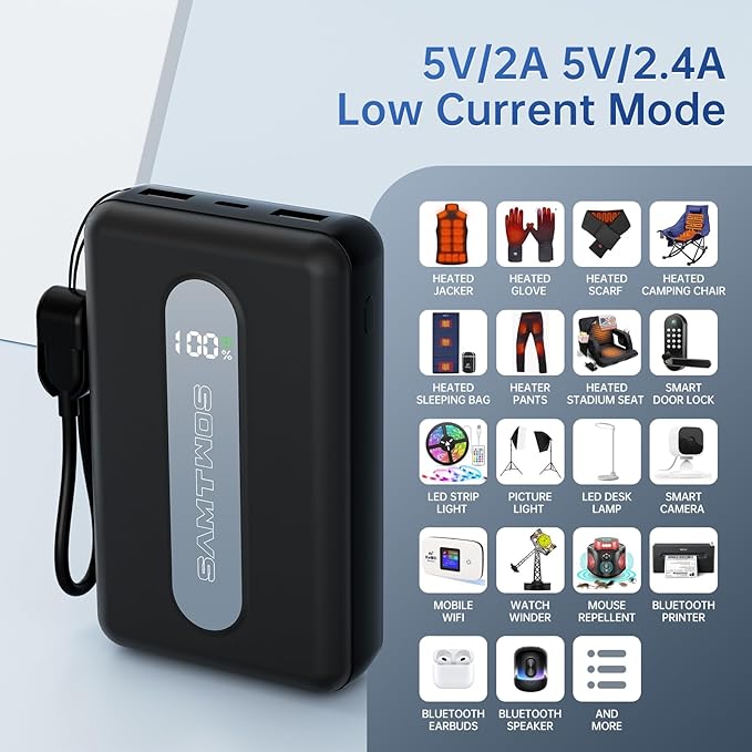 SAMTWOS 5V/2A Portable Charger 20000 mAh for Heated Vest,Jacket,Staium Seats,Pant,Camping Chair,22.5W Fast Charing Power Bank Bulit-in USB-C Cable andd Lanyard Battery Pack for iPhone,iPad,Anddroid