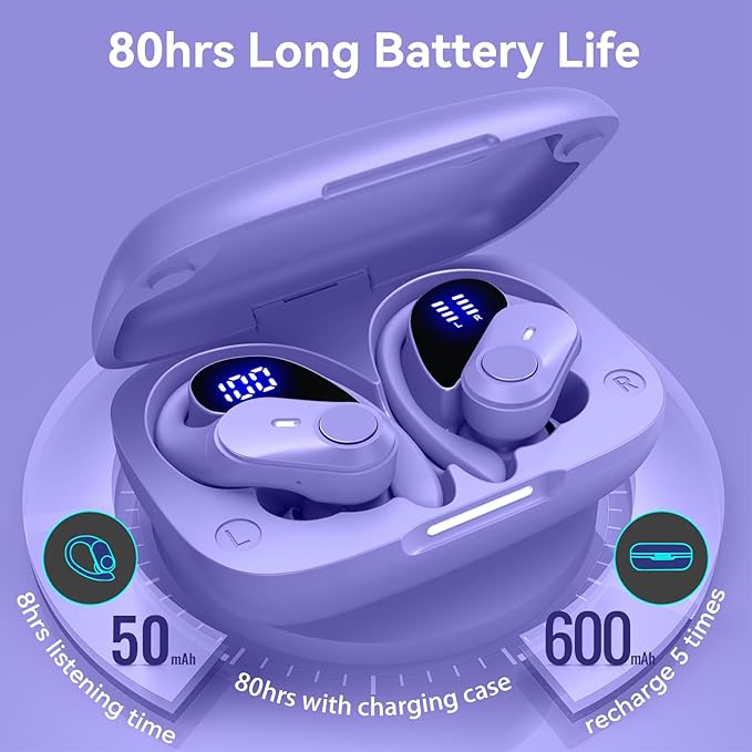 GOLREX Active Noise Cancelling Ear Buds Wireless Earbuds Bluetooth Headphones with 80H Playtime LED Display Charging Case, Over Ear Earphones with Hooks for Sports Running Gym Workout Purple