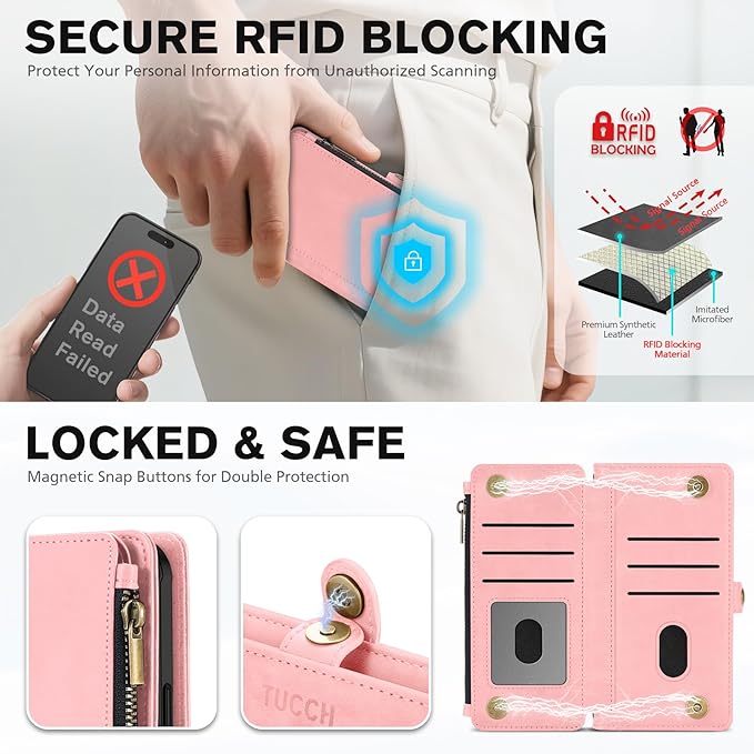 TUCCH Detachable Crossbody Wallet Case for iPhone 17 6.3", 9 Card Slots RFID Blocking | Stand | Lanyard | Wrist Strap | Wireless Charging | Zipper Pocket | PU Leather | Magnetic Flip Cover | Rose Gold
