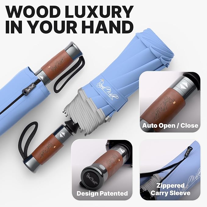 Royal Walk Windproof Folding Travel Umbrella Compact and Strong Luxurious Real Wood Handle Automatic Open Close Vented Double Canopy for Men and Women