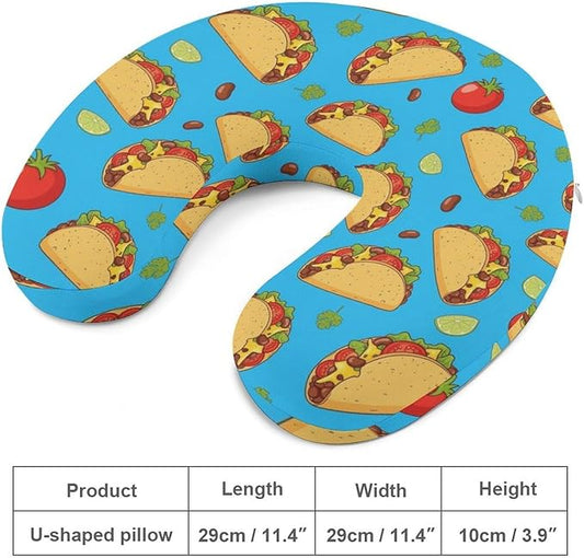 Memory Foam U-Shape Travel Pillow, Mexican Tacos Mint Green U-Shaped, Neck Support Compact for Airplane Bus Rest, Washable Cover Breathable