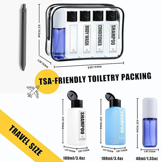 Leakproof Travel Shampoo Bottles for Toiletries TSA Approved Travel Size Toiletries Bottles, 3.4oz Refillable Squeeze Containers Set with Spray Bottle -5 Pack