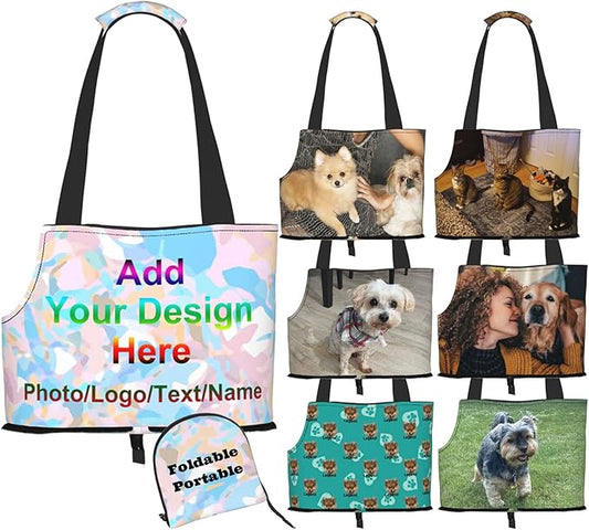 Custom Dog Carrier Personalized Photo Logo Text Name Pet Crossbody Puppy Carrying Bag Purses Cat Pouch for Outdoor Hiking Traveling Subway Shopping (Foldable)