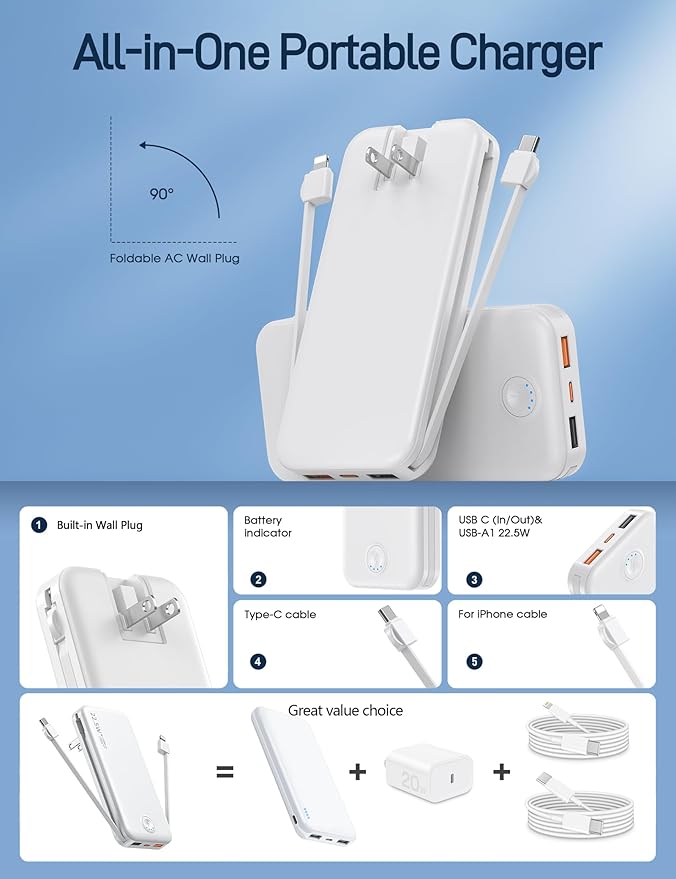 Portable Charger, 12000mAh 22.5W Fast Charging Power Bank with Built-in Cables & Wall Plug, Travel Essentials External Battery Pack, USB C Battery Phone Charger for iPhone, iPad, Samsung White