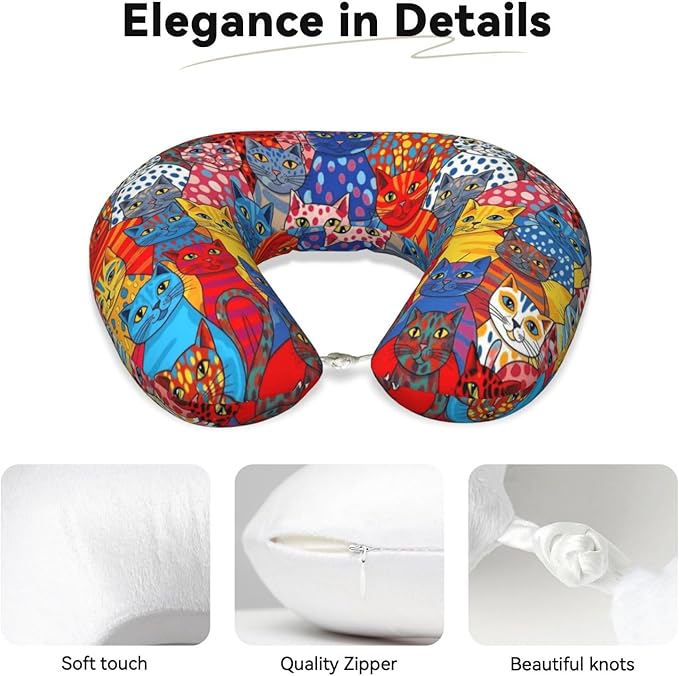 Neck Pillows for Travel Colorful Cats Painting, Women and Men Airplane Car Pillow, Neck Support U Shaped Pillow for Rest Pain Relief Sleeping