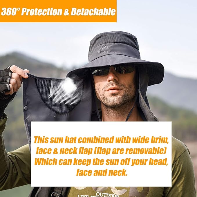 Fishing Hat for Men & Women, Outdoor UV Sun Protection Wide Brim Hat with Face Cover & Neck Flap