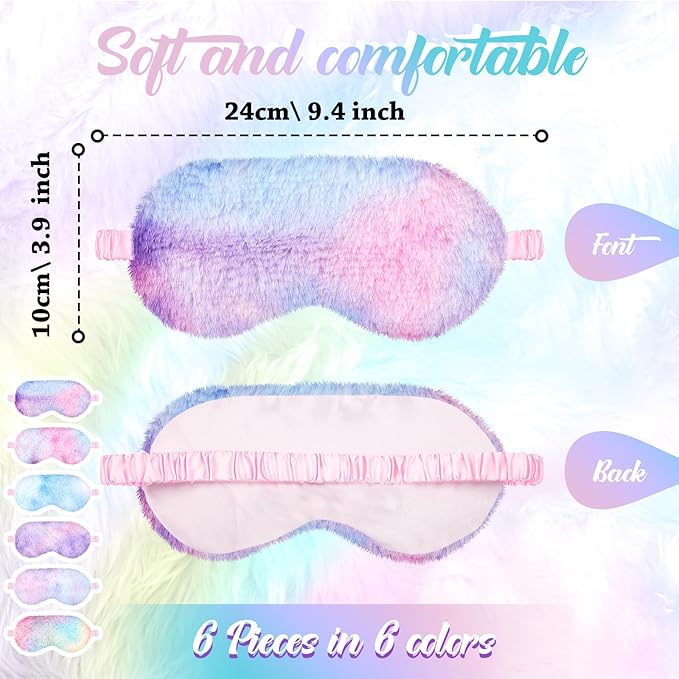 Cuffbow 6 Pcs Plush Sleep Eye Mask Silk Furry Eye Covers for Sleeping Cute Sleep Mask Fluffy Comfortable Sleeping Blindfold for Travel Sleepover Nap Party Supply Women(Tie Dye,Rainbow)