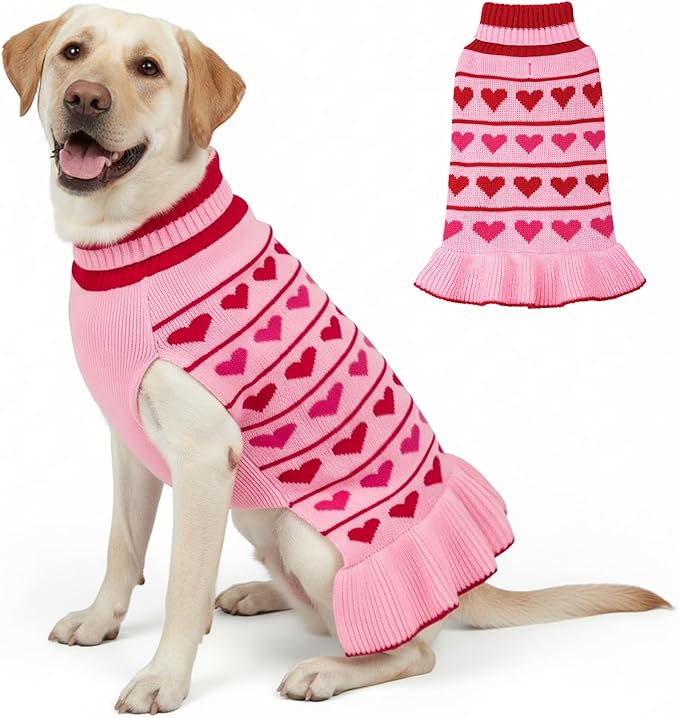 KYEESE Valentines Dog Sweater, Stretchy Dog Sweaters for Large Dogs, Soft Turtleneck Medium Large Dogs Sweater, Warm Pet Sweaters Dress with Heart Print, Comfy Pet Clothes Coat with Leash Hole, 2XL