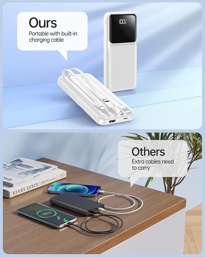 Portable Charger with Built in Cable - Power Bank Fast Charging USB C LED Display 10000mah Battery Pack 5 Outputs & 3 Inputs for Travel Essentials iPhone Samsung Android Phones Tablets Grey