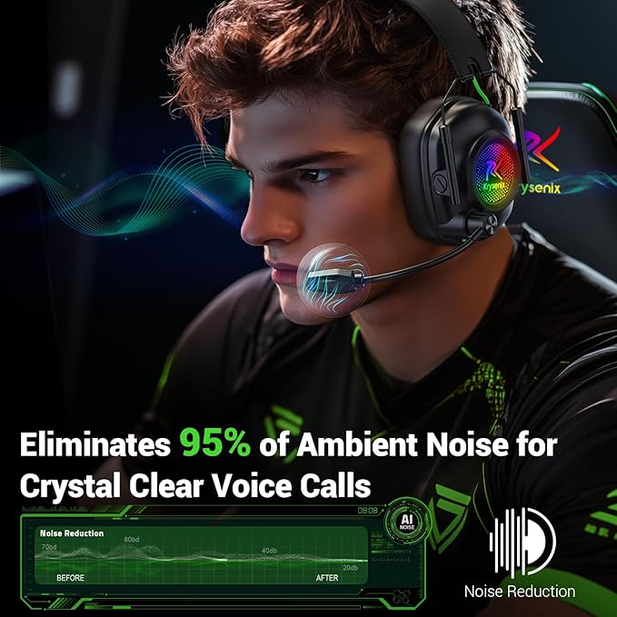 Wireless Gaming Headset with Noise Canceling Microphone for PC, PS5, PS4, Switch, Mac, 2.4 GHz Wireless & Bluetooth 5.4 Gaming Headphones, Cool RGB Lighting, 50Hr Battery, 50mm Drivers(Deep Green)