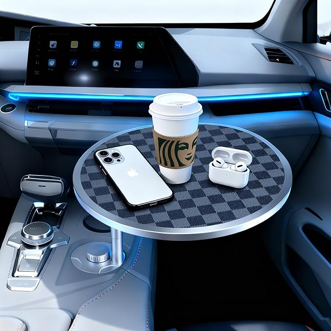Car Tray Table & Car Desk for Laptop with 2 Risers and Anti-Slip Pad, 360° Rotating Cup Holder for Working and Eating Compatible with Tesla Model 3/Y/S/Ensure The Cup Holder is Round/Grey