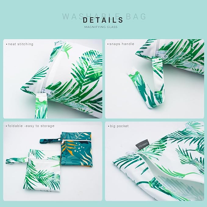 Wet Dry Bag Waterproof Reusable Wet Bag for Swimsuit, Travel, Beach, Pool, Bathing Suit, Diapers, Dirty Yoga Gym Clothes Daycare Organizer One Zippered Pocket (green leaf 2)