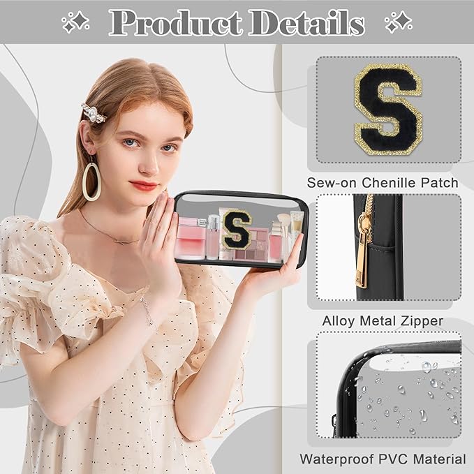 Personalized Initial Letter Clear Makeup Bag,Preppy Small Nylon&PVC Cosmetic Zipper Bag with Chenille Letter,Travel Skincare Toiletry Bag,Monogram Christmas Gift for Teen Girls Women,S