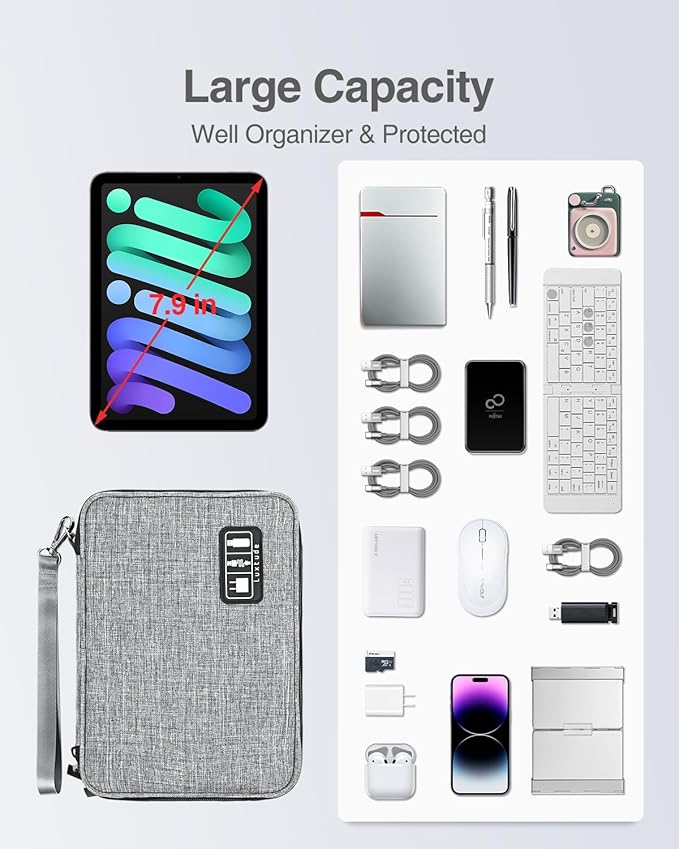 Luxtude Electronics Organizer, Portable Cable Organizer Bag for iPad 7.9'', Double Layer Travel Tech Bag&Cord Storage, Compact Cord Case&Charger Pouch,Electronics Carring Case for Phone/USB