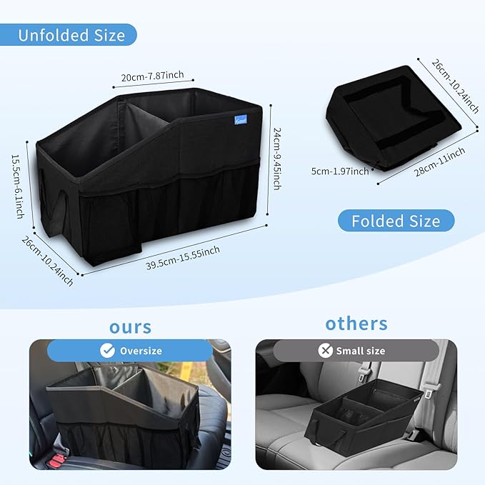 Car Organizer- Car Seat Organizer for Front Seat Back Seat Between Seats, Foldable Car Storage Organizer for Kids Adults with Multi-Mesh-Pockets-Car Organizers Backseat with Detachable Divider-Black