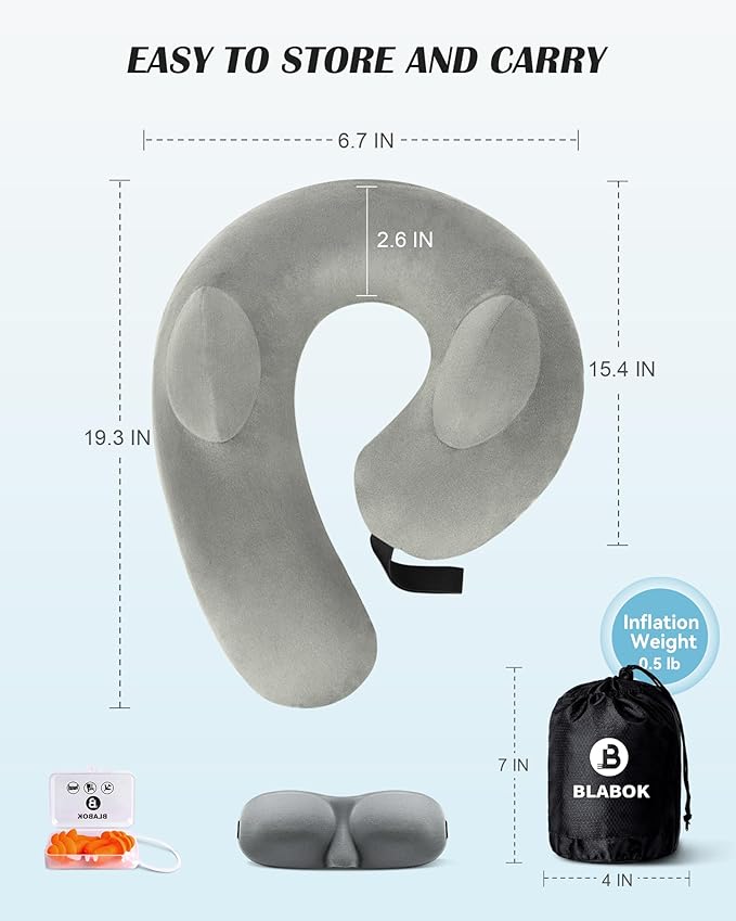 Inflatable Neck Pillow for Travel, Travel Pillow Support Head and Neck, Travel Neck Pillow for Airplane,Train,Car,Office,Home,Washable Cover (Grey)