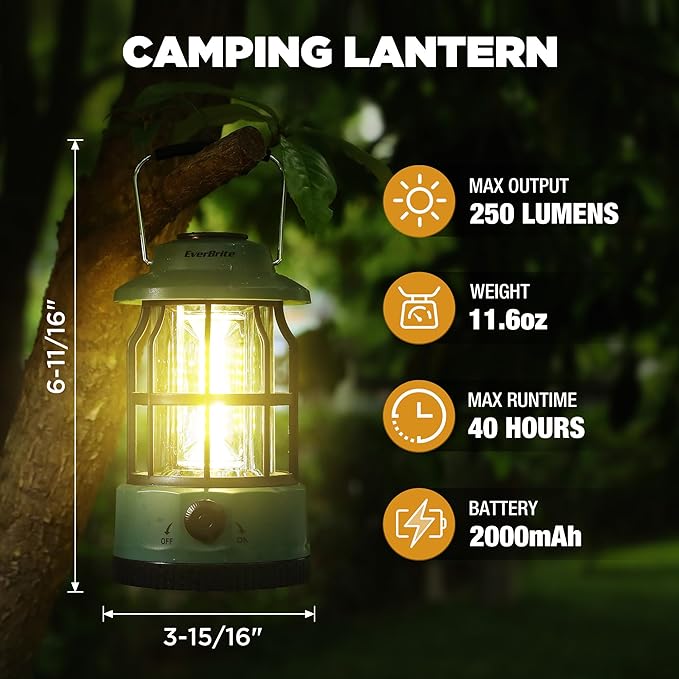 EverBrite LED Camping Lantern, USB C Rechargeable Lantern with Stepless Dimming, Vintage Portable Camping Lights & Lanterns, Lanterns for Power Outages, Hurricane, Emergency, Fishing, Home and More