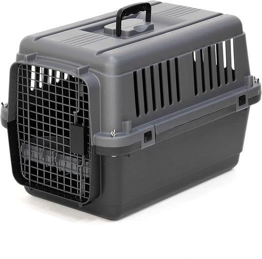 SportPet Airline Approved Wire Door Travel Dog Crate, Durable Plastic Pet Travel Kennel, Secure Latch, Collapsible, Food Bowls & Accessories, Fits Dogs up to 21" L & 13" H - Small - Gray/Black
