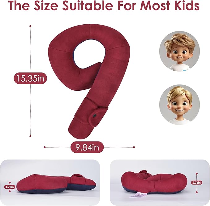 Kids Travel Neck Pillow, Comfortable Head & Chin Support for Car seat & Airplane, Toddler Pillow for Sleeping on Road Trip, Gifts for Child (Wine Red & Dark Blue)