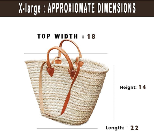 French Basket with Double Flat Leather Handles – Straw Tote, Beach Bag, Wicker Shopping Basket, Handmade Market Basket